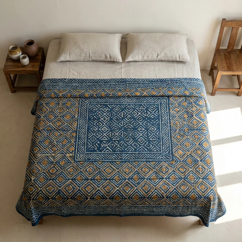 Dabu Geometric Bedspread - Hand-Block Printed Indigo & Ochre