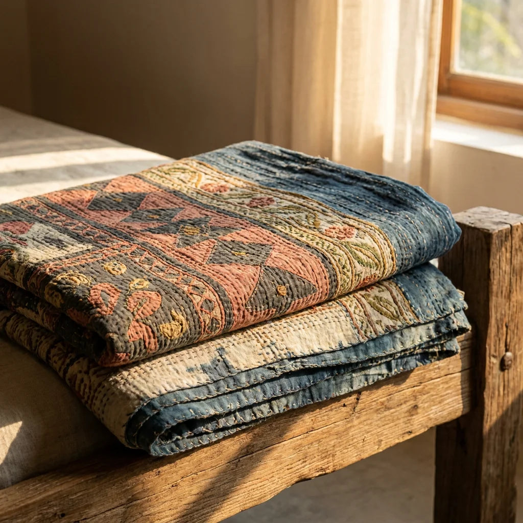 Kantha Heritage Quilt - Hand-Stitched Artisanal Masterpiece