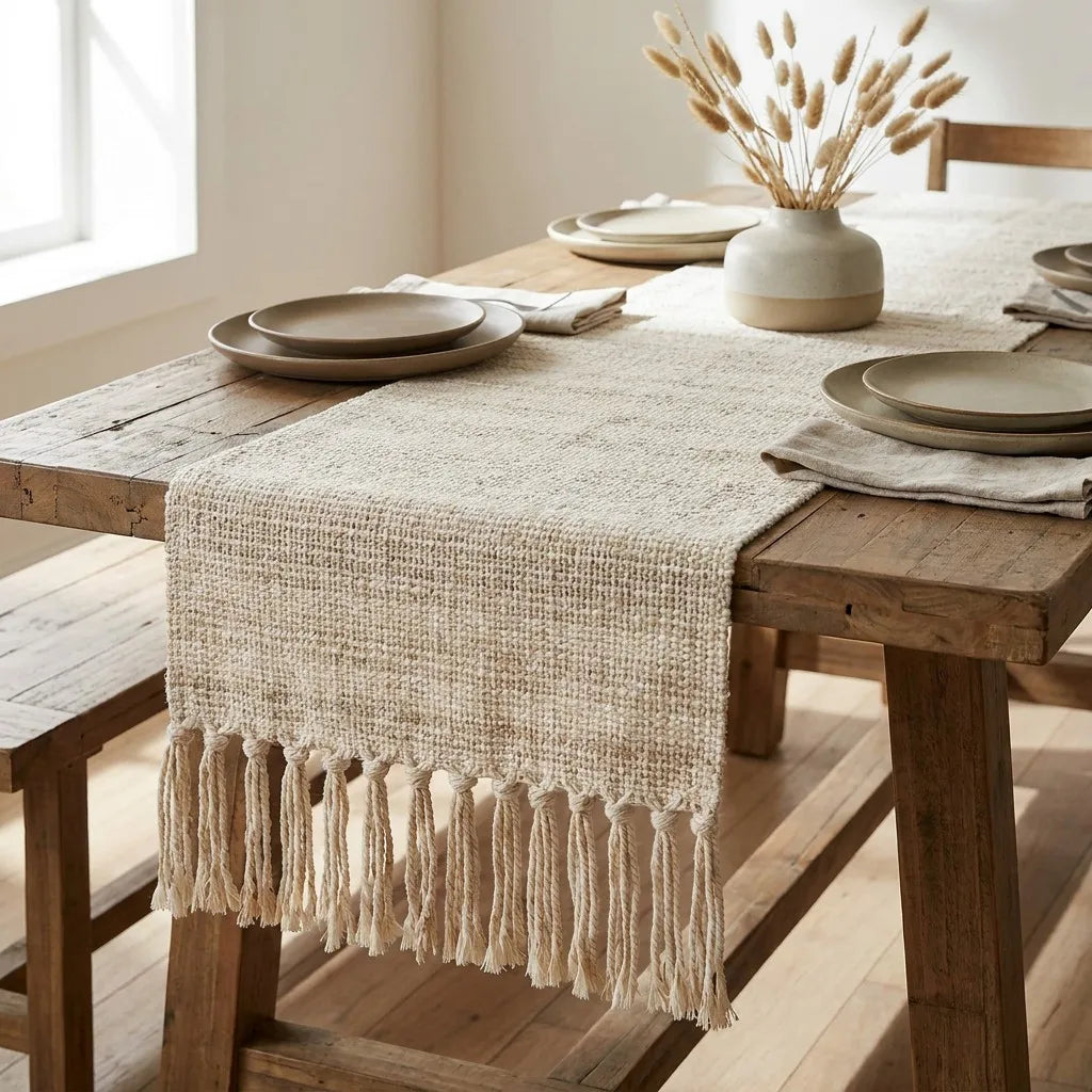 Hand-Loomed Cotton Table Runner - Natural