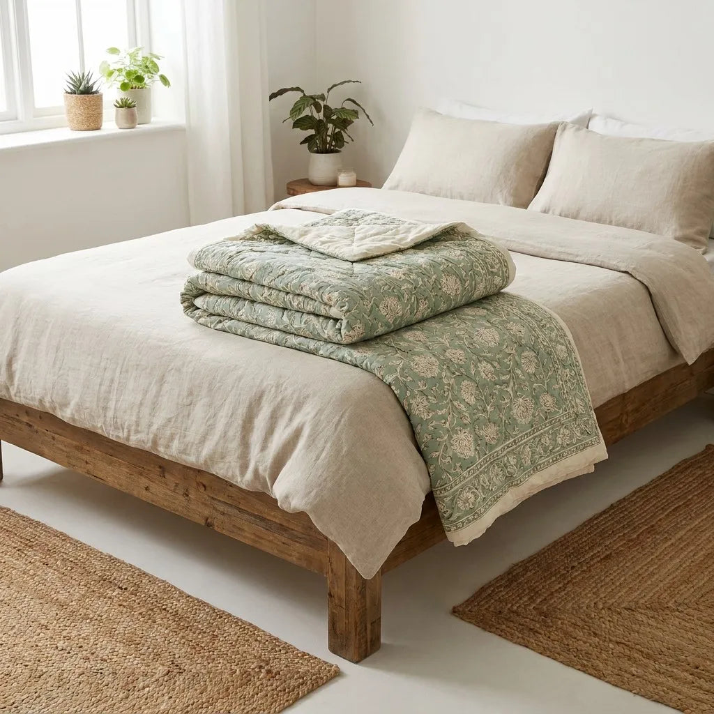 Artisanal Hand-Block Printed Cotton Dohar - Sage Floral