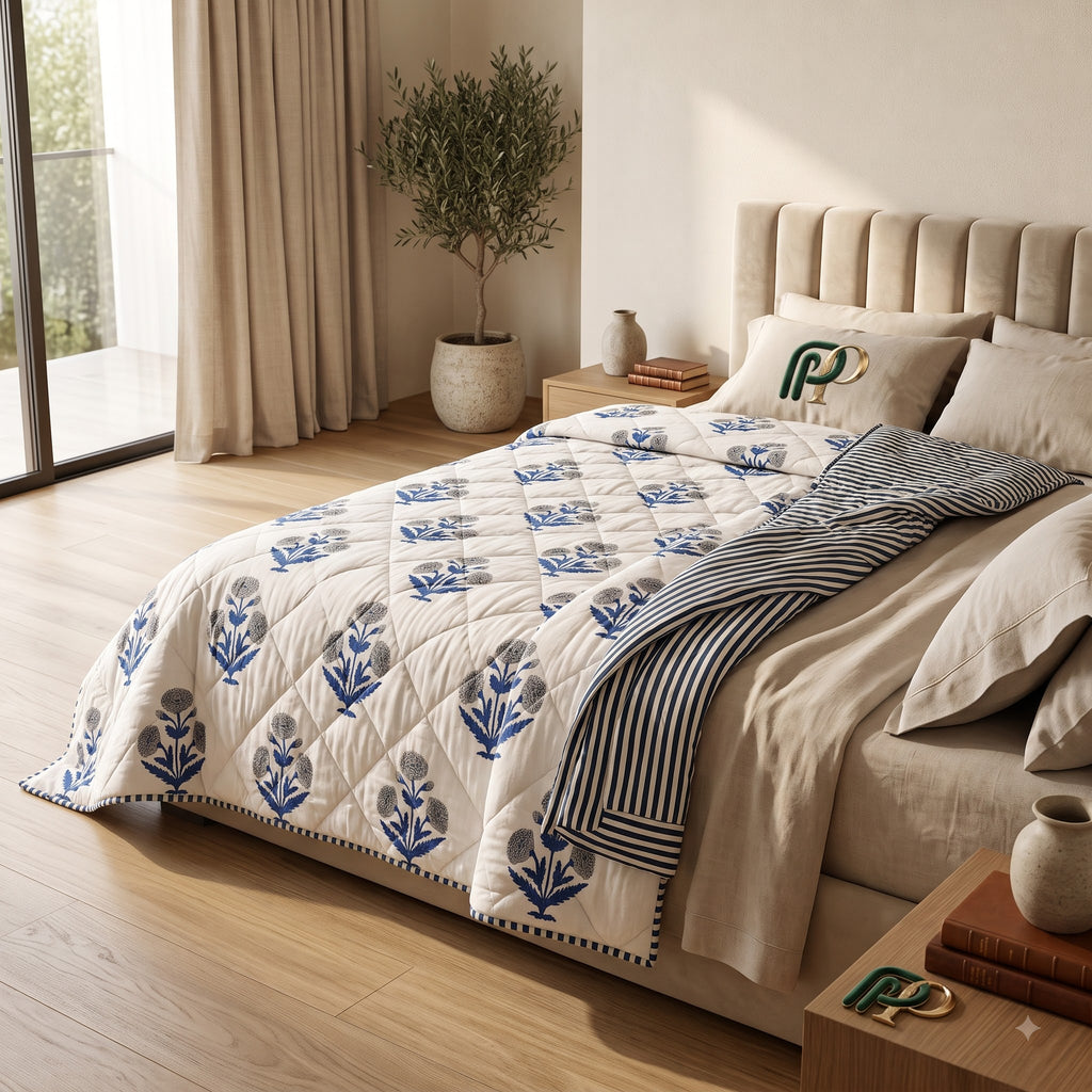Monsoon Blue Heritage Comforter — Block Print Reversible
